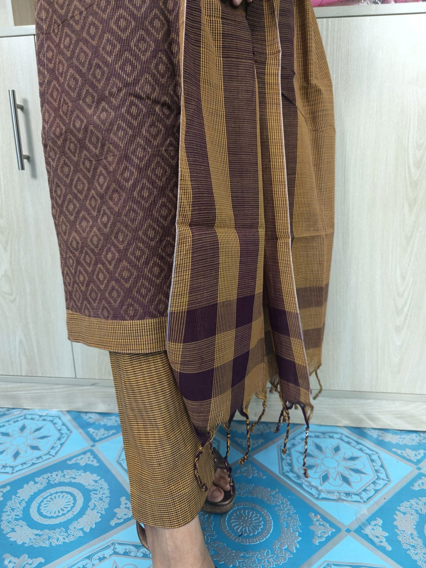 100% Cotton Jamdani Handloom Shalwar Kameez-Coffee Color - China To BD Web