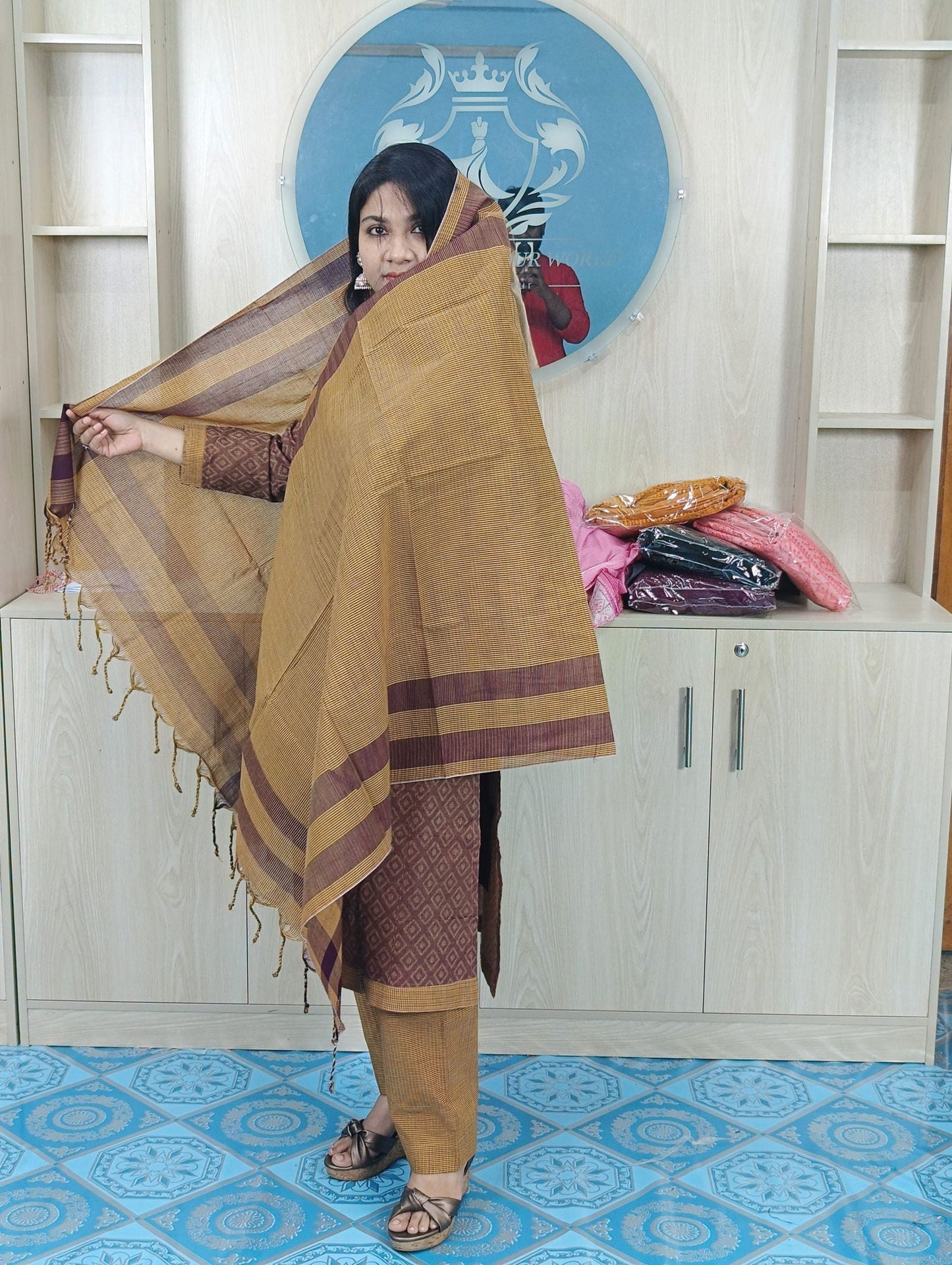 100% Cotton Jamdani Handloom Shalwar Kameez-Coffee Color - China To BD Web