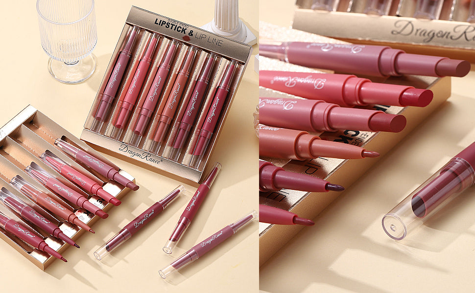 Dragon Ranee 12Pcs Nude+Deep Matte Velvet Lipstick + Lip Liner and Lipstick-12Pcs Nude+Deep Shade