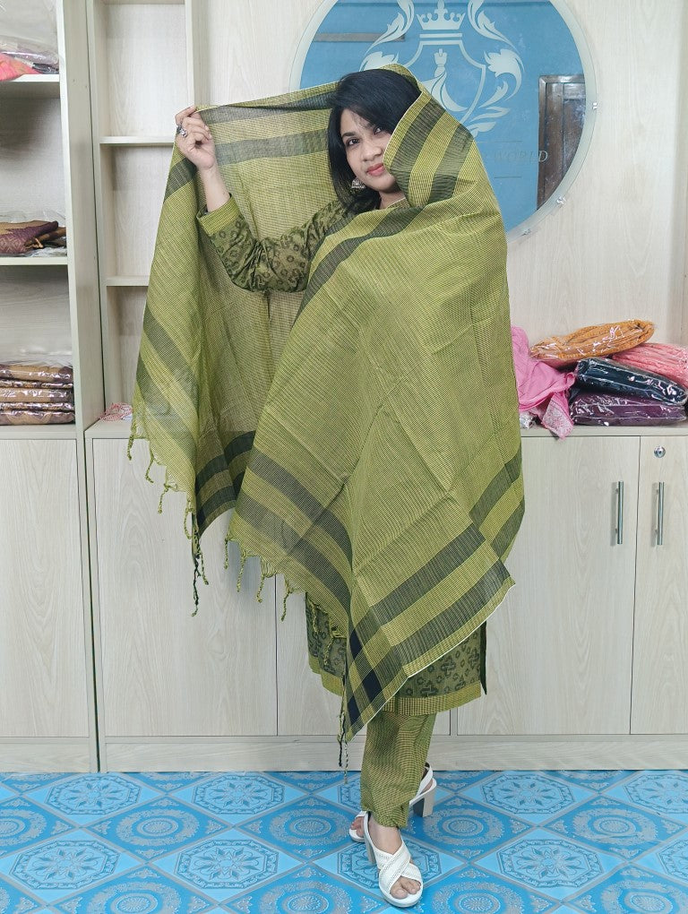 100% Cotton Jamdani Handloom Shalwar Kameez-Green Color