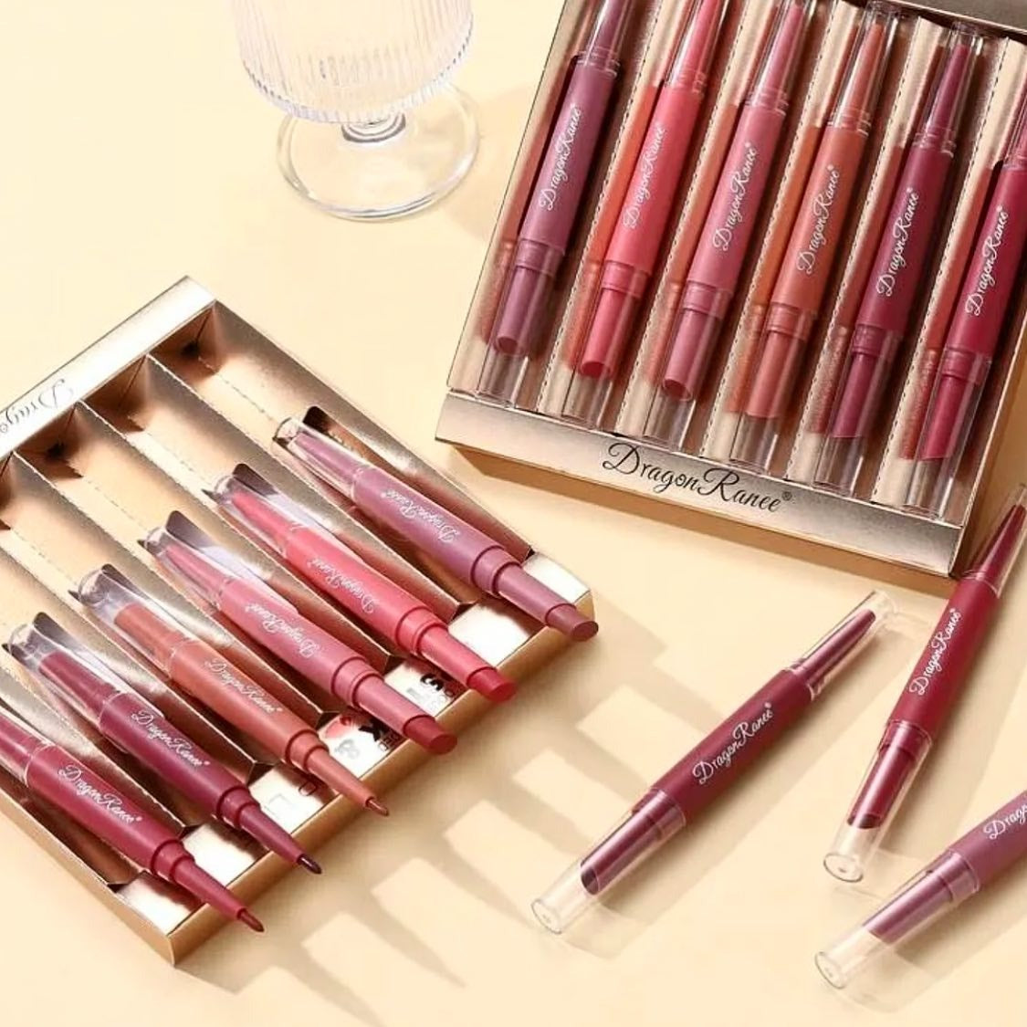 Dragon Ranee 12Pcs Nude+Deep Matte Velvet Lipstick + Lip Liner and Lipstick-12Pcs Nude+Deep Shade