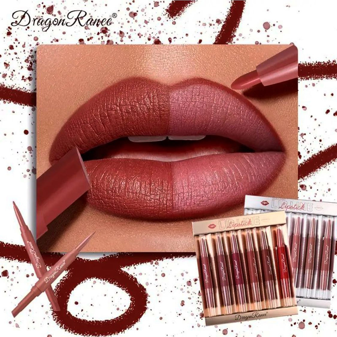 Dragon Ranee 12Pcs Nude+Deep Matte Velvet Lipstick + Lip Liner and Lipstick-12Pcs Nude+Deep Shade