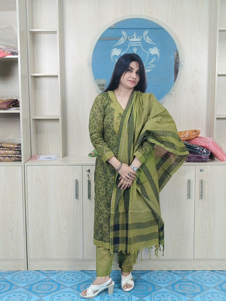 100% Cotton Jamdani Handloom Shalwar Kameez-Green Color