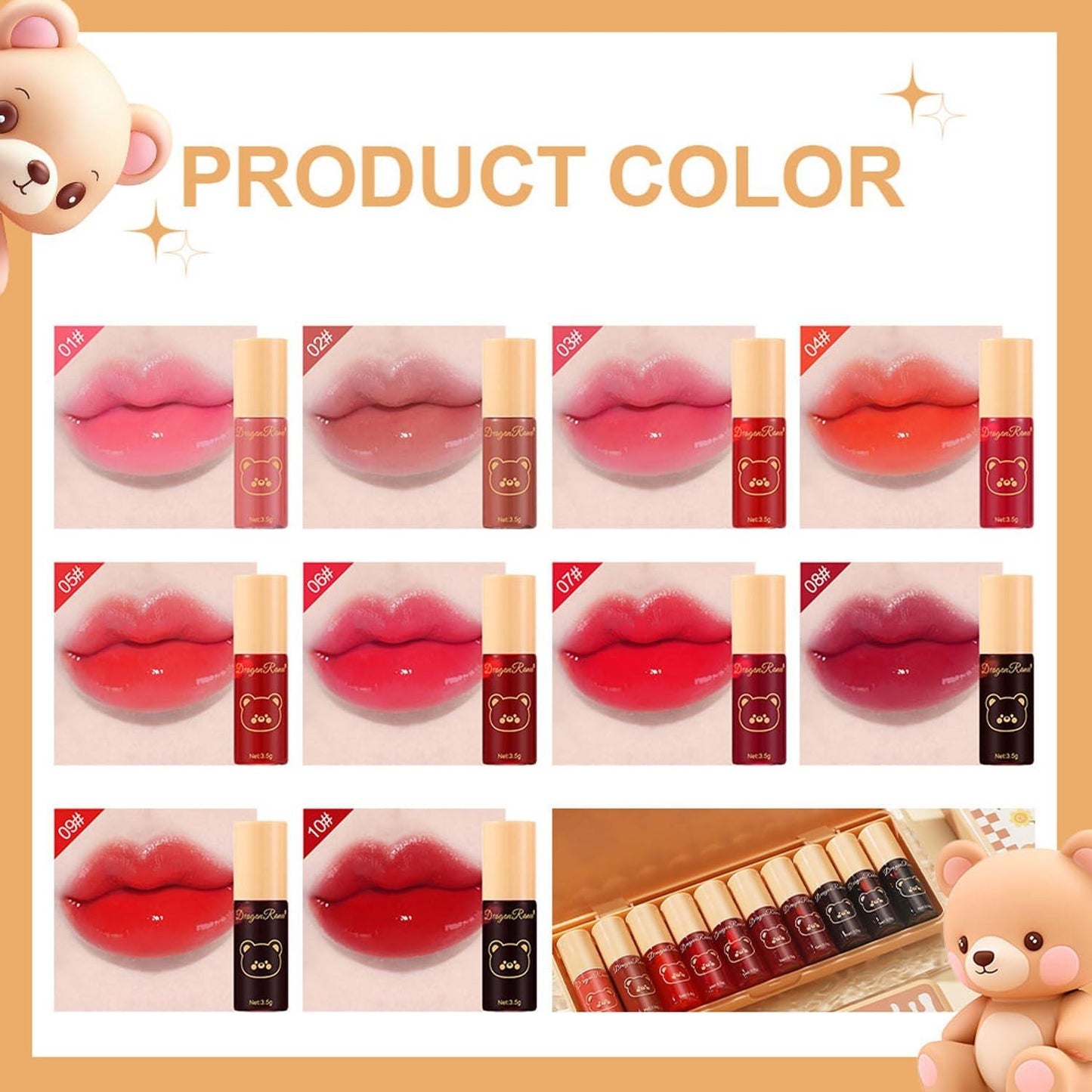 Set C-10 Colors Lip Tint Stain Set, Korean Lip Gloss
