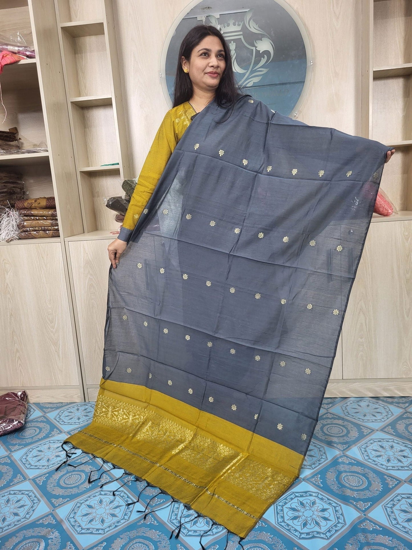 হাফ সিল্ক জামদানি তাঁত কাজের সালোয়ার কামিজ-বাসন্তী+অ্যাশ মিক্স কালার - China To BD Web