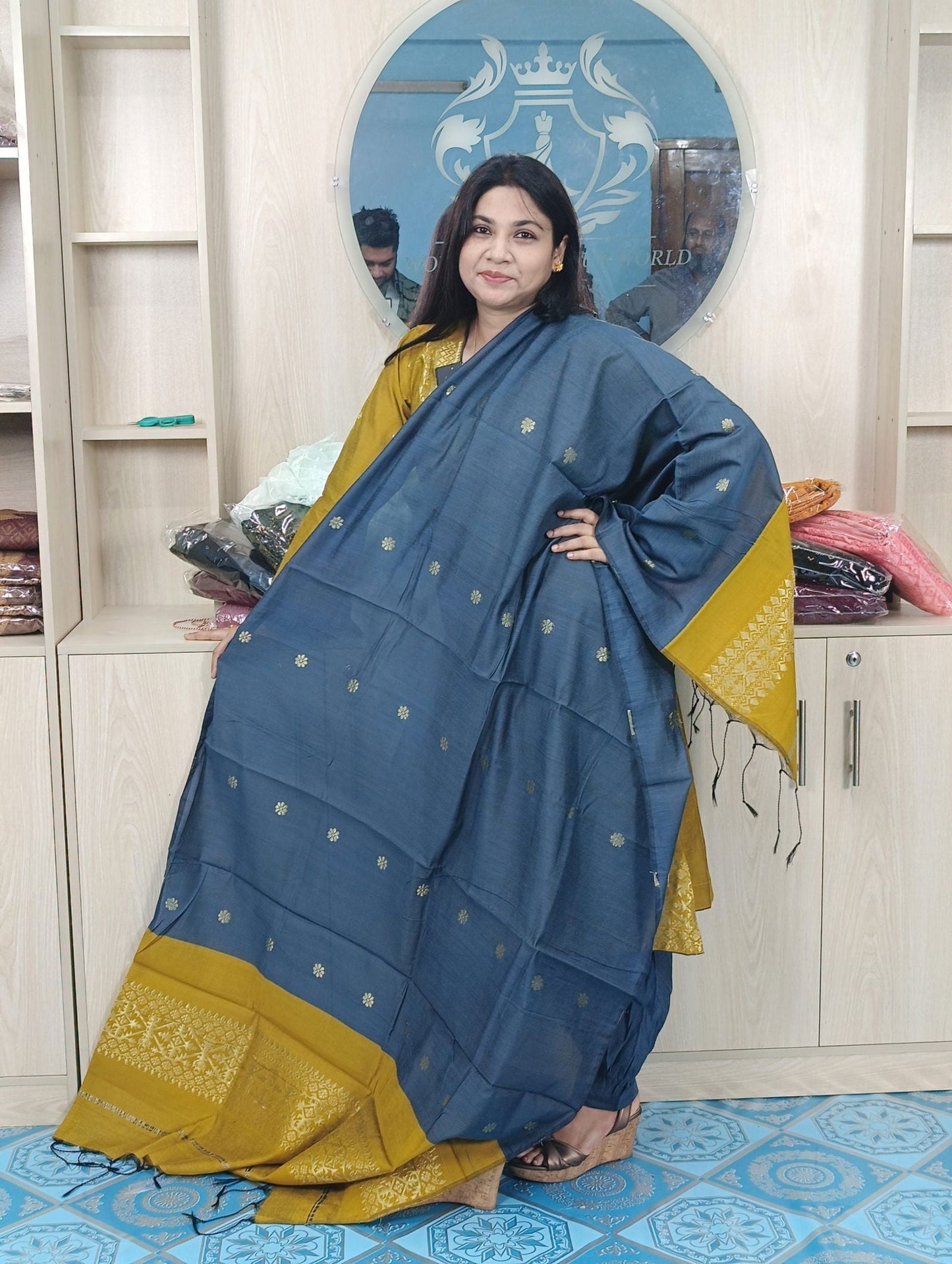 হাফ সিল্ক জামদানি তাঁত কাজের সালোয়ার কামিজ-বাসন্তী+অ্যাশ মিক্স কালার - China To BD Web