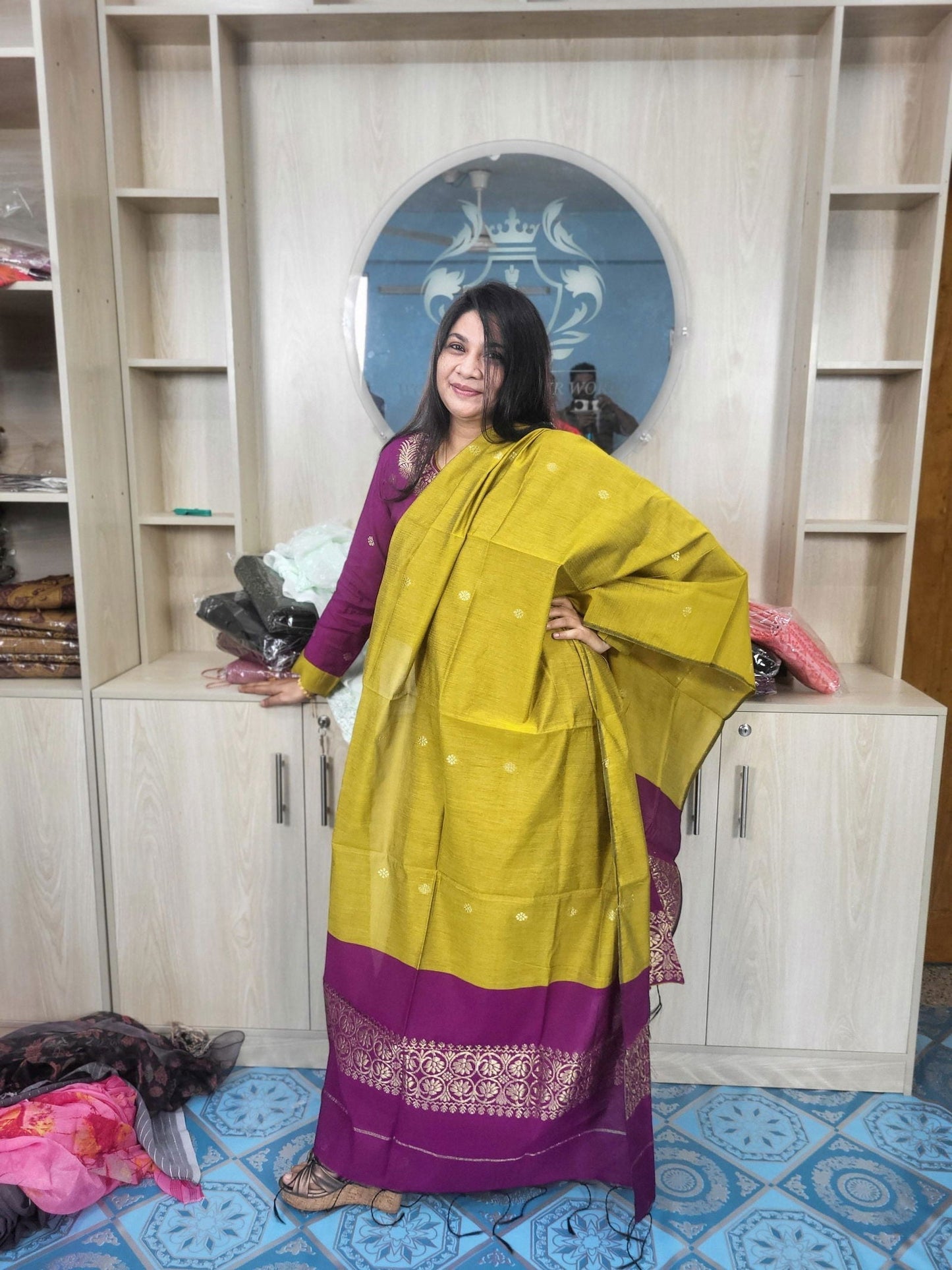 হাফ সিল্ক জামদানি তাঁত কাজের সালোয়ার কামিজ-ম্যাজেন্টা+বাসন্তী মিক্স কালার - China To BD Web