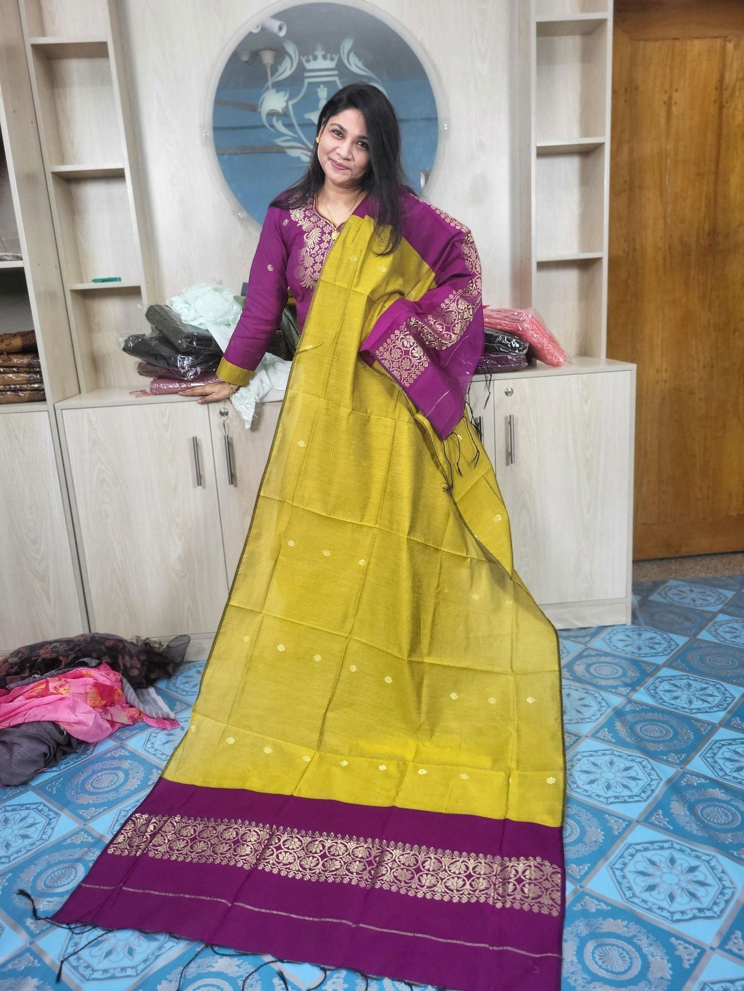 হাফ সিল্ক জামদানি তাঁত কাজের সালোয়ার কামিজ-ম্যাজেন্টা+বাসন্তী মিক্স কালার - China To BD Web