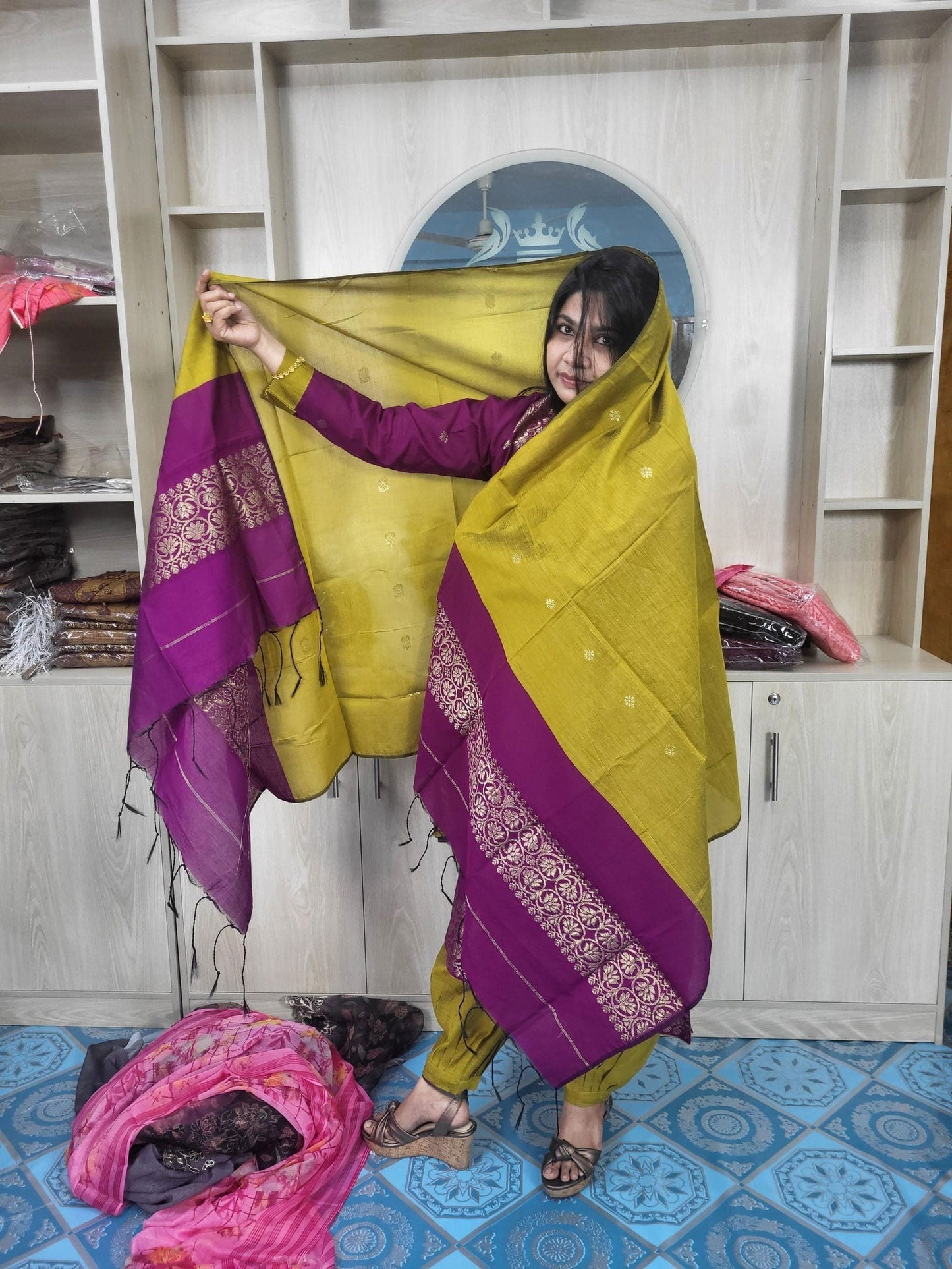 হাফ সিল্ক জামদানি তাঁত কাজের সালোয়ার কামিজ-ম্যাজেন্টা+বাসন্তী মিক্স কালার - China To BD Web