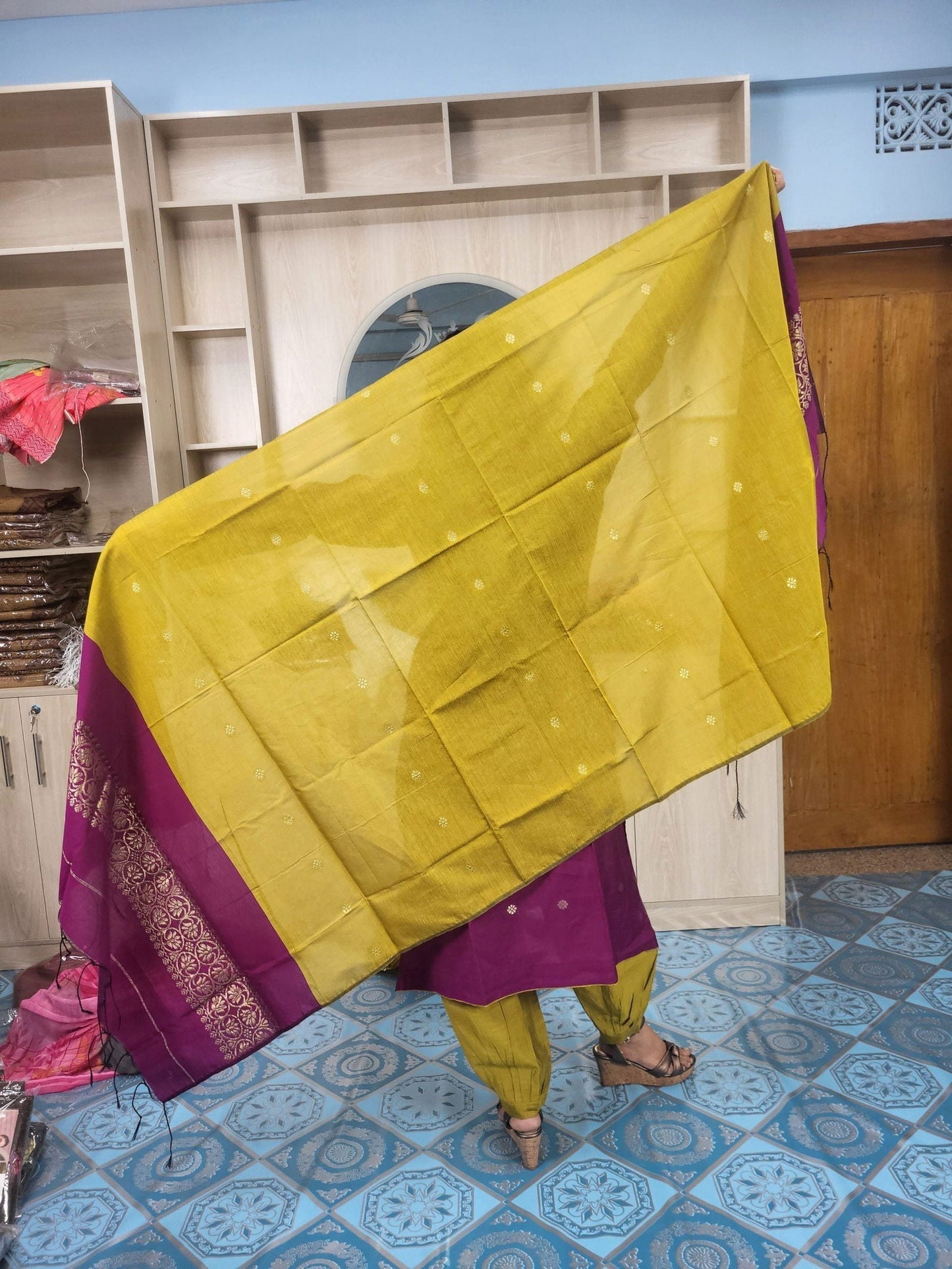হাফ সিল্ক জামদানি তাঁত কাজের সালোয়ার কামিজ-ম্যাজেন্টা+বাসন্তী মিক্স কালার - China To BD Web
