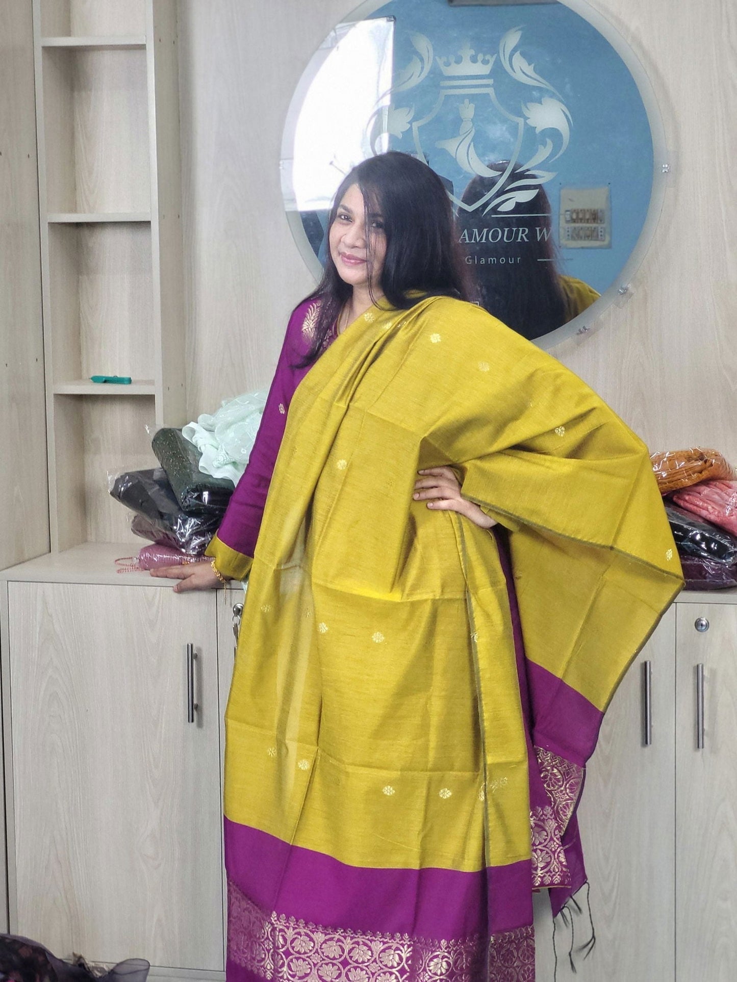হাফ সিল্ক জামদানি তাঁত কাজের সালোয়ার কামিজ-ম্যাজেন্টা+বাসন্তী মিক্স কালার - China To BD Web