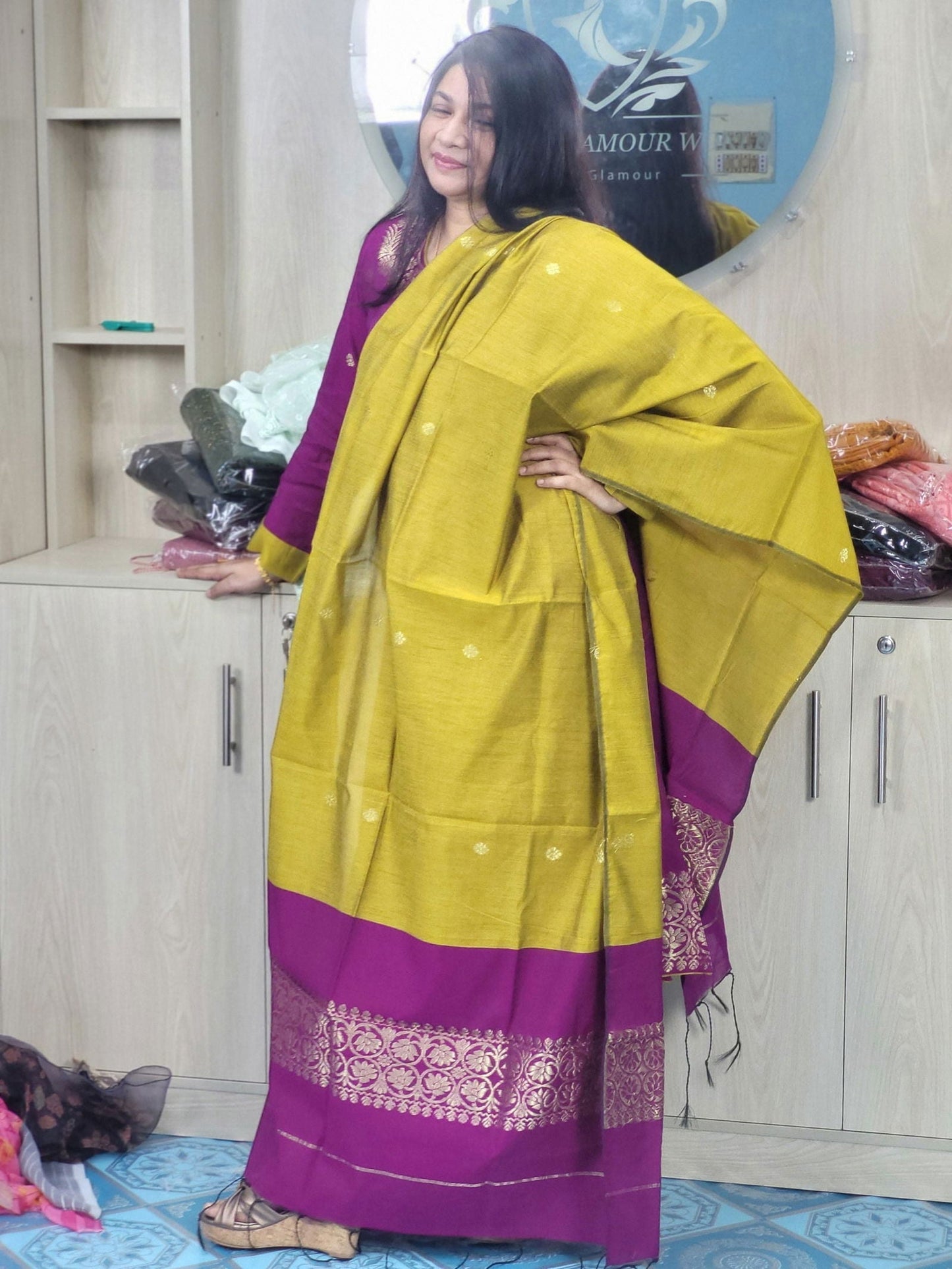 হাফ সিল্ক জামদানি তাঁত কাজের সালোয়ার কামিজ-ম্যাজেন্টা+বাসন্তী মিক্স কালার - China To BD Web