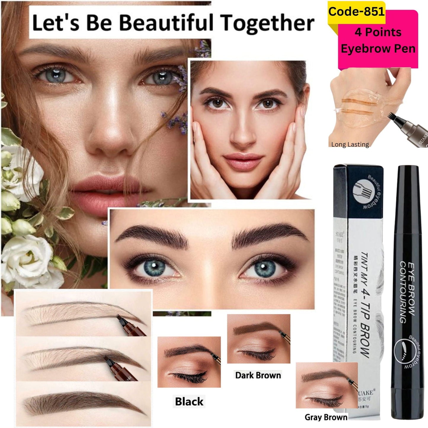 ( ব্ল্যাক কালার ) Waterproof 4 Points Eyebrow Pen