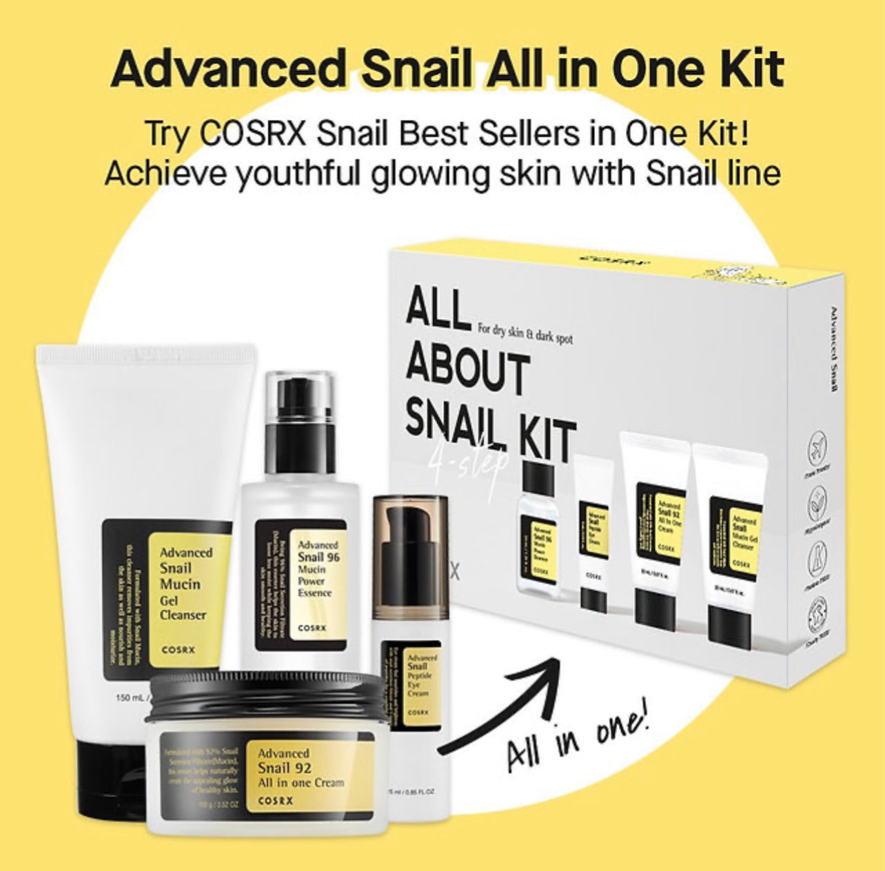 Cosrx All About Snail Kit(Gel Cleanser 20ml,Essence 30ml,Eye Cream 5ml & 92 Cream 20g)