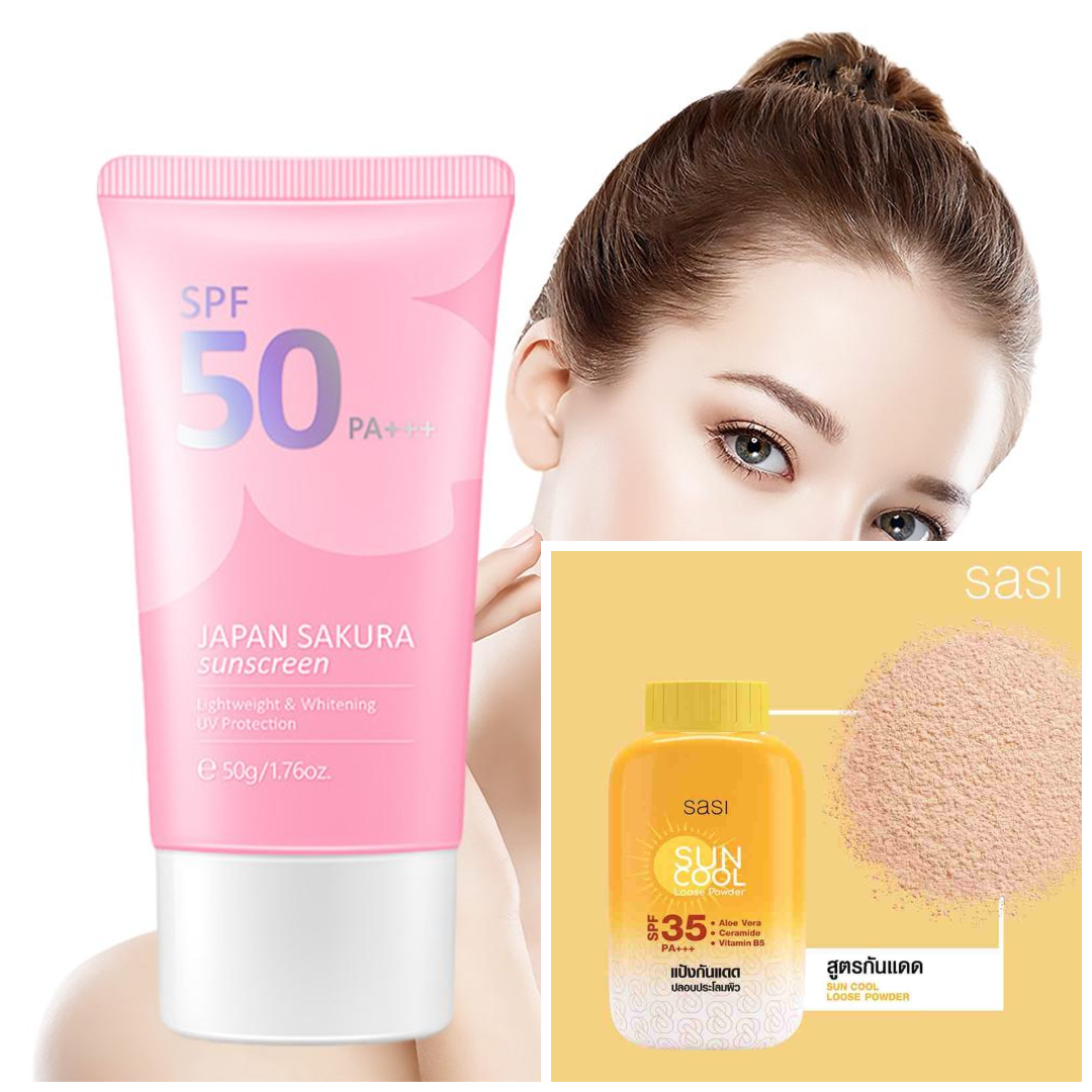 Combo Offer-Sakura Sunscreen Cream SPF50+ Sasi Sun Cool Loose Powder SPF35 PA+