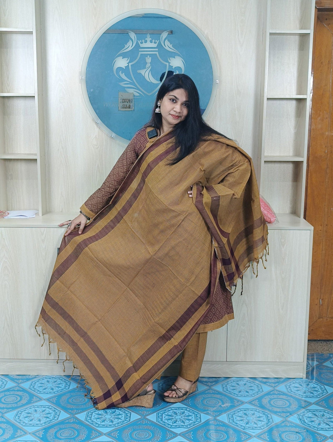 100% Cotton Jamdani Handloom Shalwar Kameez-Coffee Color - China To BD Web