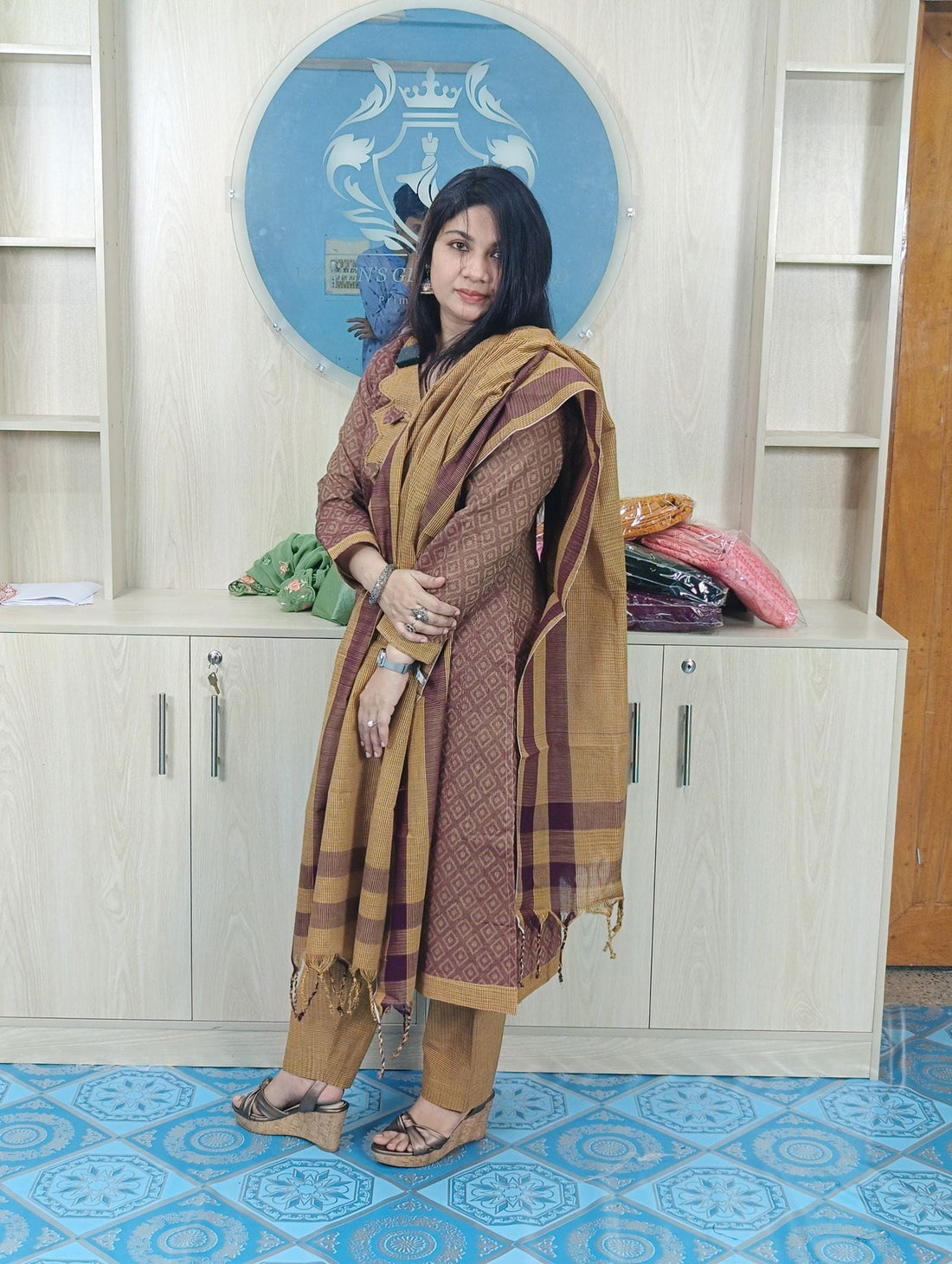 100% Cotton Jamdani Handloom Shalwar Kameez-Coffee Color - China To BD Web