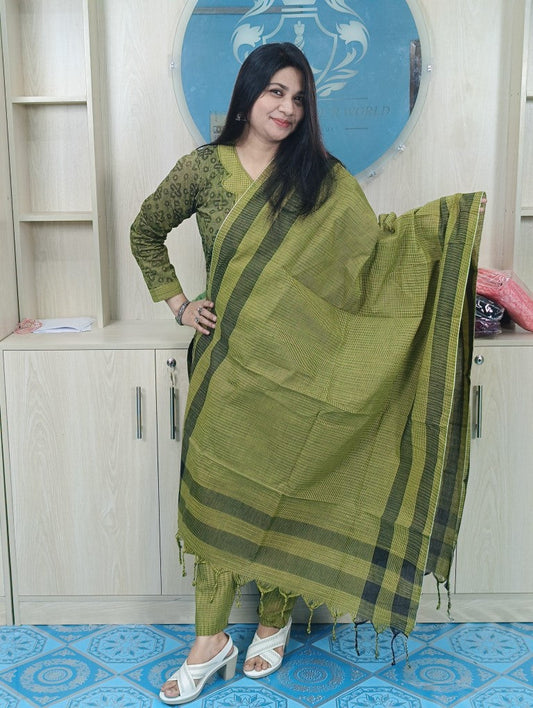 100% Cotton Jamdani Handloom Shalwar Kameez-Green Color