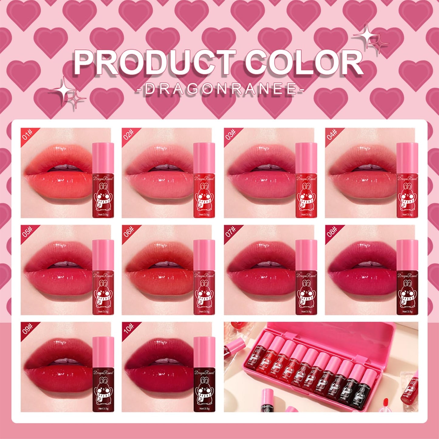 Set B-10 Colors Lip Tint Stain Set, Korean Lip Gloss