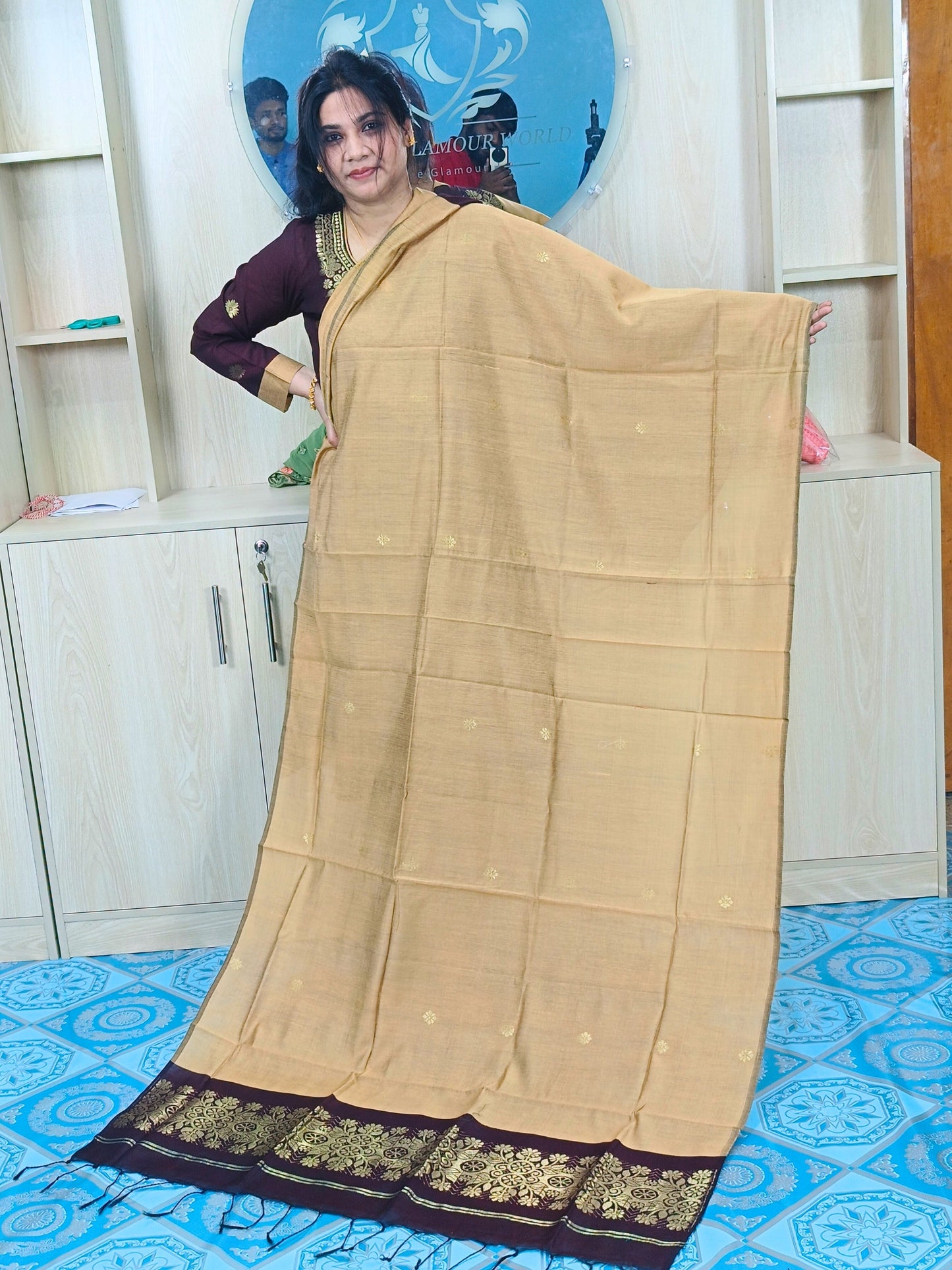 হাফ সিল্ক জামদানি তাঁত কাজের সালোয়ার কামিজ-কফি+গোল্ডেন মিক্স কালার