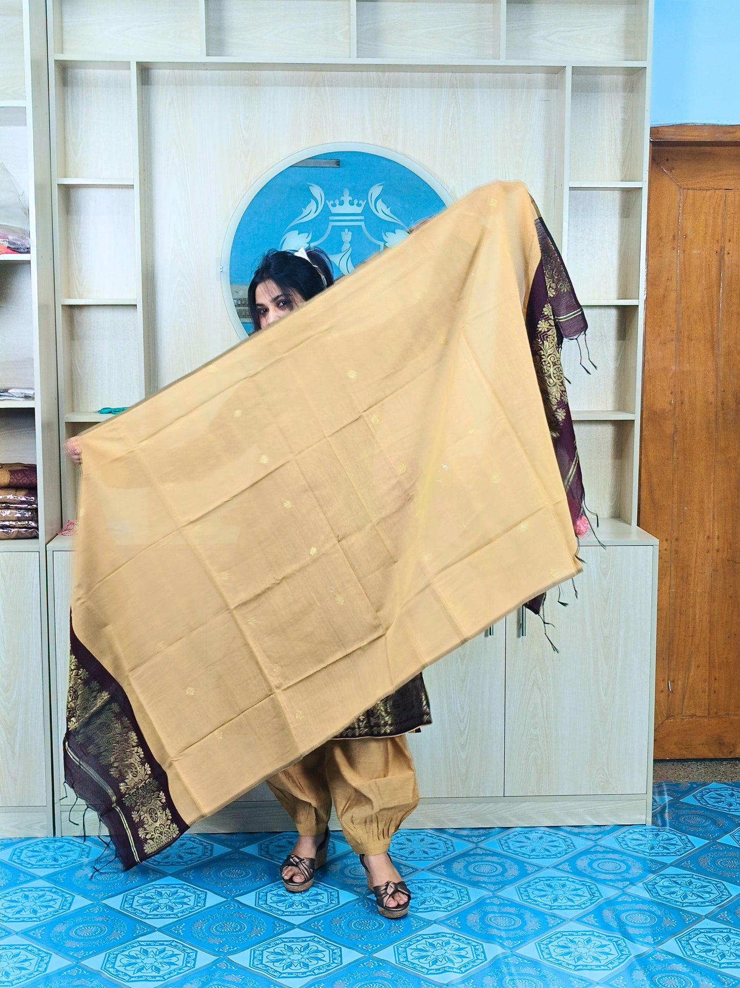হাফ সিল্ক জামদানি তাঁত কাজের সালোয়ার কামিজ-কফি+গোল্ডেন মিক্স কালার