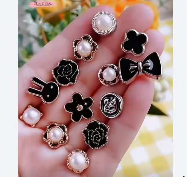 10pcs ( কালো )Fancy Pearl Plastic Button Round
